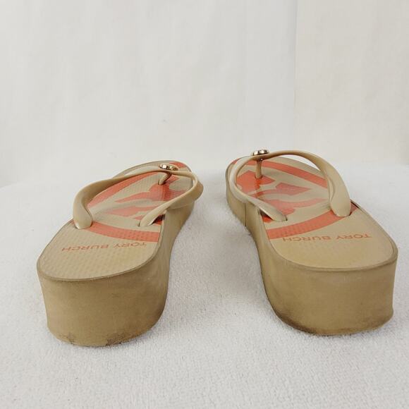 Tory Burch Logo thong wedge slip on sandal Size 8 orange and tan Casual - Picture 6 of 7